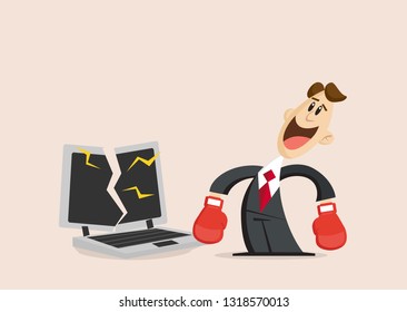 Happy Businessman with boxing gloves stands next to broken laptop