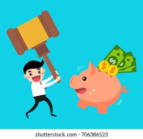 happy businessman breaking piggy bank by hammer and get his money./save money concept.