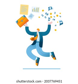 A happy businessman with a briefcase in his hand. Vector illustration in a flat style on the topic of business success.