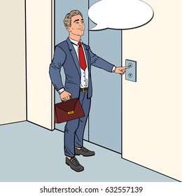 Happy Businessman with Briefcase Pressing Elevator Button. Pop Art vector illustration