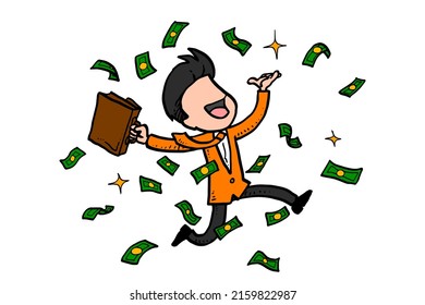 Happy businessman with briefcase showered with money. Concept of salary raising. Caricature vector illustration design.