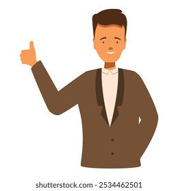 Happy businessman in brown suit showing thumbs up gesture