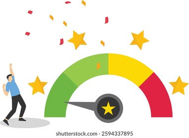 Happy businessman business get five stars, best review. Good performance, high quality reputation. Excellent customer reviews and high rating, best service. Flat vector illustration

