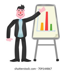 Happy businessman in a business suit stands near a white board with scattered charts and shows that they are growing