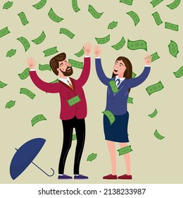 Happy businessman and businesswoman falling money rain, umbrella. Success finance business, falling cash. Vector illustration
