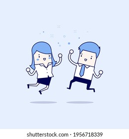 Happy Businessman and Businesswoman Jumping. Business Concept. Cartoon character thin line style vector.