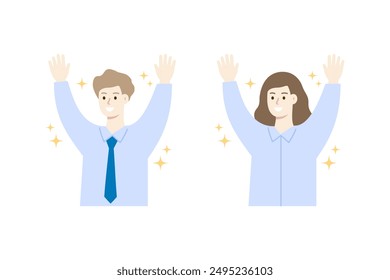 Happy businessman and businesswoman rising hands. People celebrating. Improvement, success, career, goal achievement, teamwork concepts. Flat vector character design illustration.