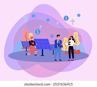 Feliz empresário comprando painéis solares ilustração vetor. Desenho do homem investindo em fonte alternativa de energia renovável e apertando a mão da mulher. Conceito de investimento, sustentabilidade e ambiente