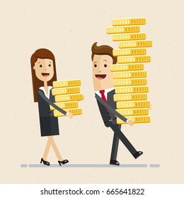 Happy businessman carries a big pile of coins and business woman  small pile of coins . Vector, illustration, flat