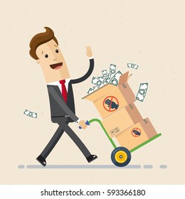 Happy businessman carries boxes full of money on handcart. Business and finance concept. Vector,  illustration, flat