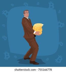Happy businessman carry large stack of bitcoin coins. Isolate cartoon lucky business man. Revenue or big profit concept. Simplified realistic style. Vector illustration