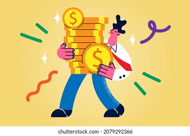 Happy businessman carry stack of coins feel excited with successful investment. Smiling man with money pile get deposit or credit from bank. Invest and saving concept. Financing. Vector illustration. 