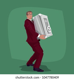 Happy businessman carry steel safe deposit. Isolate cartoon lucky business man. Revenue or big profit concept. Simplified realistic art style. Vector illustration