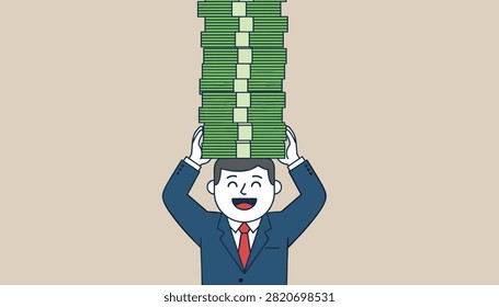 Happy businessman carrying a massive stack of green cash on his head, symbolizing big profits, business success, and rich wealth.