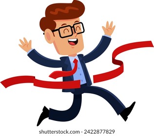 Happy Businessman Cartoon Character Crossing The Finish Line. Vector Illustration Flat Design Isolated On Transparent Background