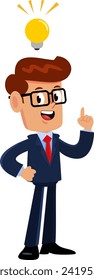 Happy Businessman Cartoon Character Having A Bright Idea With A Light Bulb Symbol. Vector Illustration Flat Design Isolated On Transparent Background
