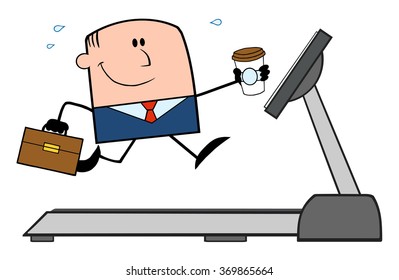 Happy Businessman Cartoon Character Running On A Treadmill. Vector Illustration Isolated On White