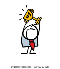 Happy businessman in cartoon office suit has won and is holding a gold cup over his head. Vector illustration of  stickman and reward for first place and victory. Funny person isolated.