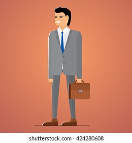 Happy businessman with case in flat style. Stock vector.