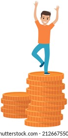 Happy businessman with cash, money. Man dancing on stack of currency, pennies. Positive guy rejoices at wealth and business success. Male character in dance on pile of gold coins vector illustration