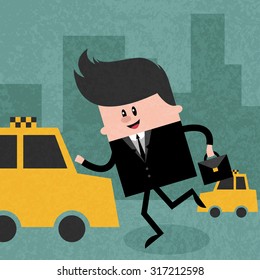 Happy businessman catching a taxi to go to work, man in suit with briefcase on the street. Concept  illustration. Vector flat design. Trendy graphic cartoon style. Cute funny card