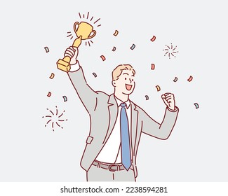 Happy businessman celebrate victory. Cup winner. Inspiration and motivation. Hand drawn style vector design illustrations.