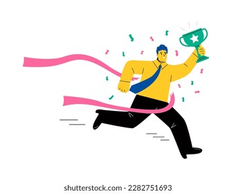 Happy businessman celebrate victory. Cup winner. Inspiration and motivation. Flat vector illustration isolated on white background