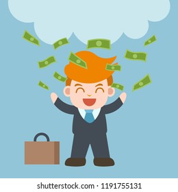 Happy businessman celebrates success, rich businessman. A lot of money bill fall to man, flat vector illustration
