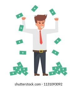 
happy businessman celebrates success standing under money rain banknotes cash falling
