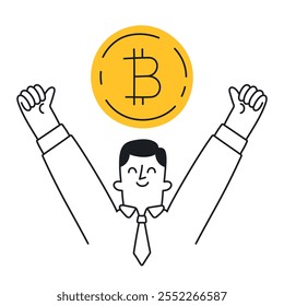 Hombre de negocios feliz que celebra el éxito financiero. Símbolo de Bitcoin flotando por encima de la figura alegre. Concepto de riqueza de criptomonedas. Ilustración Doodle - trazo editable.