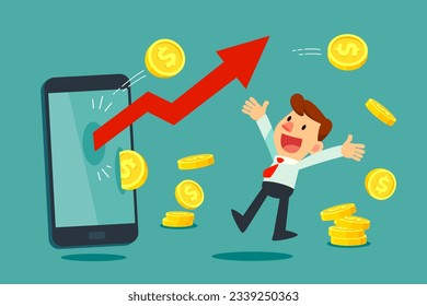 Happy businessman celebrating successful investment with rising arrow chart and gold coins coming out of a smartphone screen. Investment business concept.