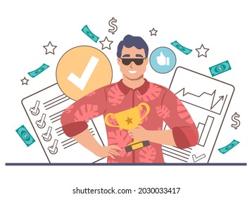 Happy businessman, champion, business competition winner holding trophy award cup, flat vector illustration. Professional career growth, financial success, leadership, victory celebration.