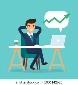 Happy businessman character in flat style, man wearing suit sitting at the computer relaxed. Business going up. Vector illustration template