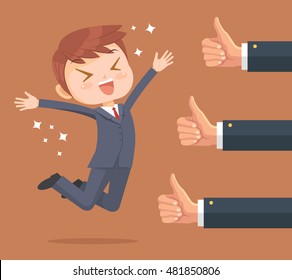 Happy businessman character and many hands with thumbs up. Vector flat cartoon illustration