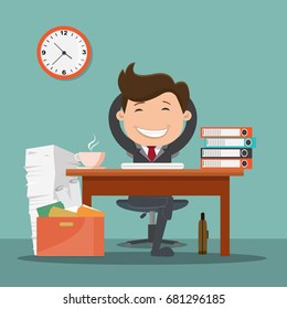 Happy businessman character relaxed in the office. Businessman sitting calmly on a casters chair legs crossed and hands behind head. Vector illustration , Success concept