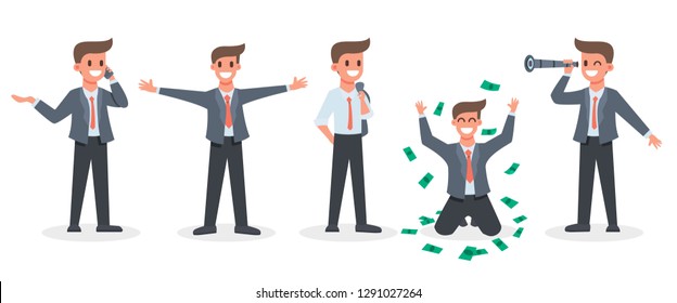 Happy businessman. A character set of an office worker man in various poses and situations