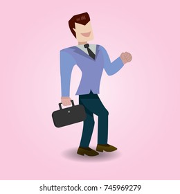 happy businessman character in suit and hold a bag 