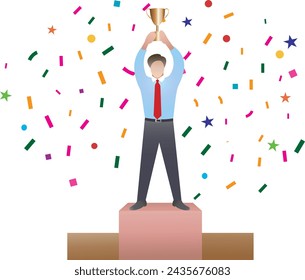 Happy businessman character winning prize with flat design