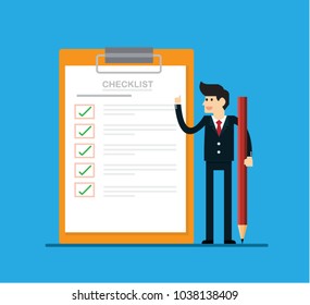 Happy businessman with checklist. Successful business concept. Vector illustration