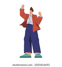 Happy businessman cheering and expressing excitement, flat cartoon vector illustration. Isolated employee raising hands up, joyful and successful person in a suit, confident manager