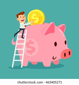 Happy businessman climb up a ladder to put gold coin in his large piggy bank. Saving concept.