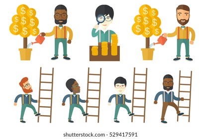 Happy businessman climbing the ladder. Businessman climbing upward. Businessman climbing to success. Concept of business goal. Set of vector flat design illustrations isolated on white background.