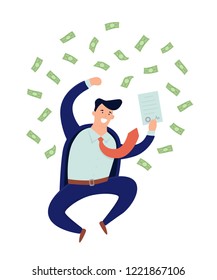 Happy businessman, contract and money rain. Jumping man. Vector illustration in cartoon and flat style