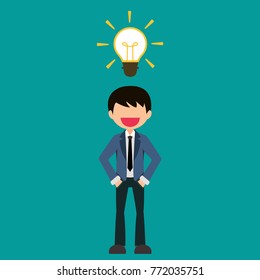 Happy businessman creating a big idea bulbs. Business idea concept. Vector illustration.