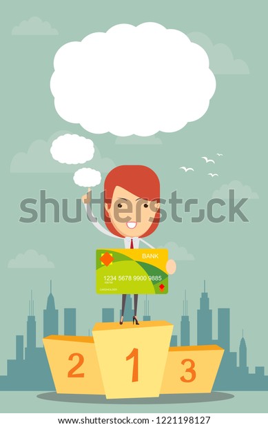 Happy businessman with credit\
card and thinking a dreaming of having money home car and\
love.
