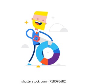 A happy businessman cuts his share of a percent. Flat vector illustration