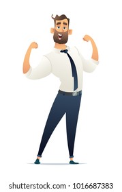 Happy businessman demonstrated power. Concept business victoria. Business character design illustration. Manager win