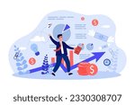 Happy businessman developing business vector illustration. Office worker celebrating success, generating ideas, making profit and investing money. Entrepreneurship, business development concept