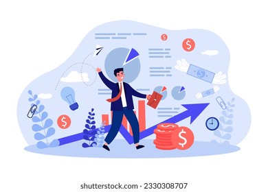 Feliz hombre de negocios desarrollando ilustración de vector de negocios. Trabajadores de oficina celebrando el éxito, generando ideas, ganando ganancias e invirtiendo dinero. Emprendimiento, concepto de desarrollo empresarial