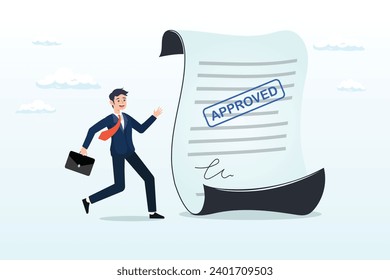 Feliz hombre de negocios con papeleo de documentos con sello aprobado, documento aprobado, aprobación de papeleo comercial con sello de goma y firma, solicitud de aceptación o certificado legal (Vector)